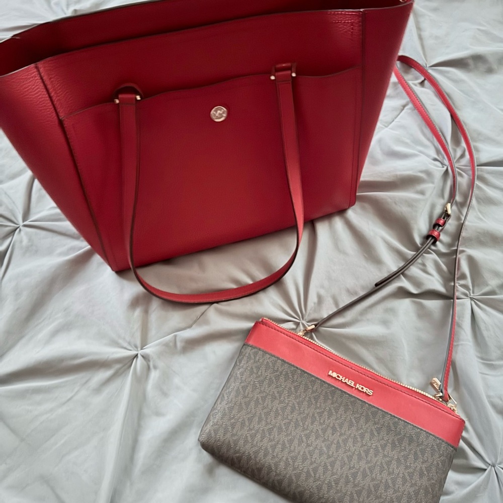 Michael Kors Red Tote Bag with Detachable Brown Insert/Crossbody Bag